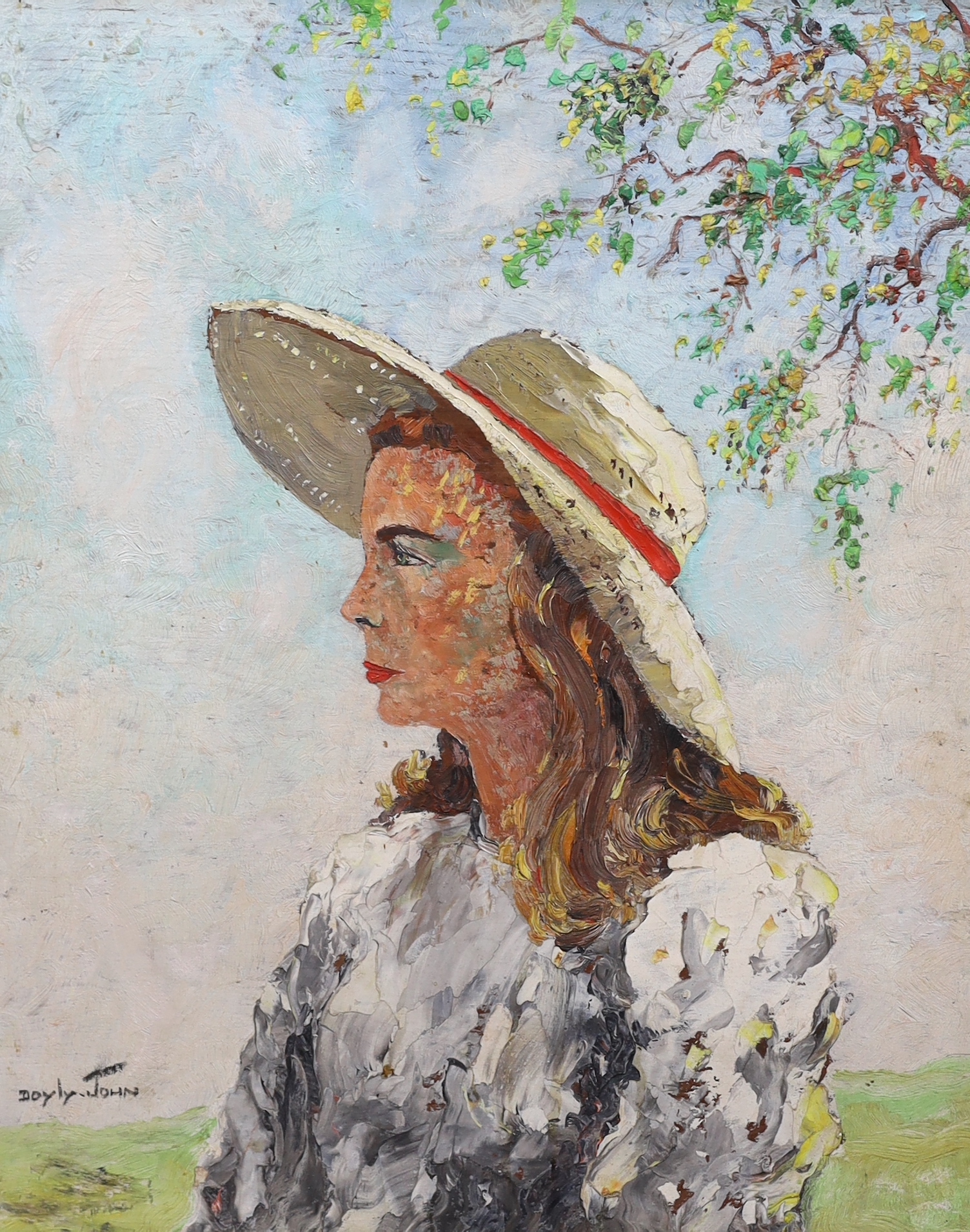 Cecil Rochfort D'Oyly John (British, 1906-1993), Portrait of a the artist's wife Joan, wearing a straw hat, oil on board, 52 x 42cm